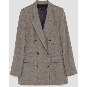 Zara Double Breasted Wool Blend Herringbone Plaid Blazer XS